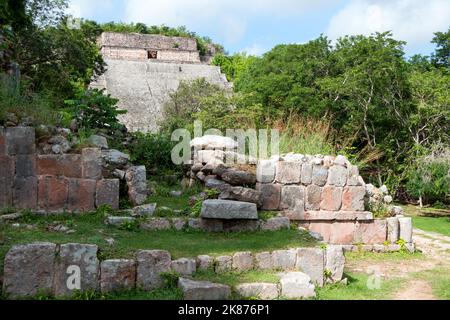 View of the Maya archeological site of Uxmal in Yucatan, Mexico. Mayan ruins with the Grand Pyramid as old building for tourism and travel Stock Photo