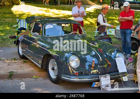 BADEN BADEN, GERMANY - JULY 2022: yellow PORSCHE 356 1948 coupe, oldtimer meeting in Kurpark. Stock Photo