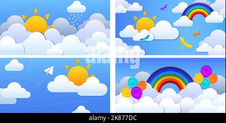 collection cartoon element rainbow cloud sun butterfly kite balloons Stock Vector