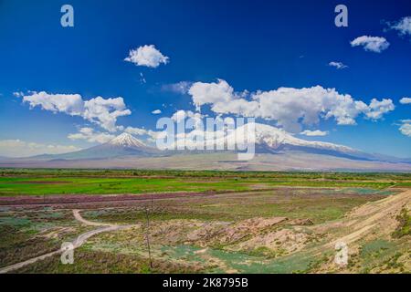 View to Ararat mountain from Khor Virap monastery in Armenia Stock Photo