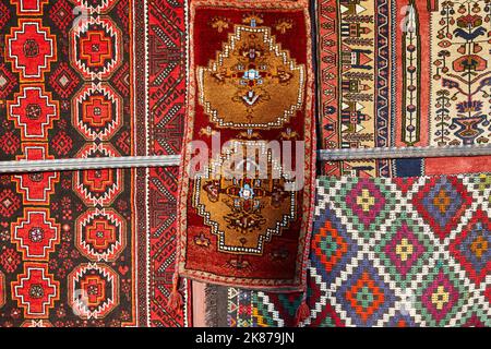 Turkish traditional rugs with geometric vivid colors designs. Oriental carpets. Stock Photo