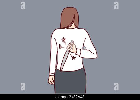 Woman hiding knife behind back ready to betray or attack. Businesswoman