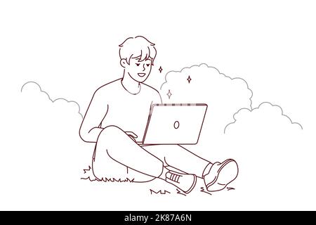 Smiling young man sit on grass in park working on laptop. Happy guy relax outdoors with computer. Freelancer and remote work. Vector illustration.  Stock Vector