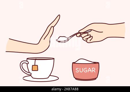 Person say no to sugar in tea or coffee. Man or woman make hand gesture refuse from sweet additives follow healthy lifestyle. Vector illustration.  Stock Vector