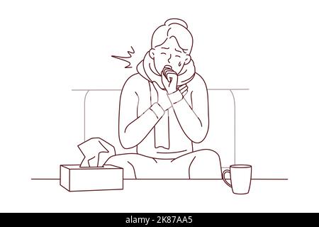 Unhealthy young man sit on sofa at home struggle with covid-19 symptoms. Unwell sick guy feeling bad coughing and sneezing having flu. Vector illustration.  Stock Vector