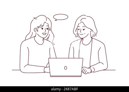 Smiling young woman help elderly female deal with modern laptop. Happy grownup daughter and mature mom use computer together. Technology and aged people. Vector illustration.  Stock Vector