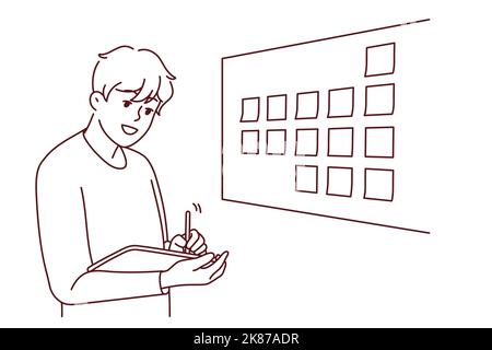Motivated businessman brainstorm wok with sticky notes on board in office. Male employee or worker involved in creative thinking at workplace. Vector illustration.  Stock Vector