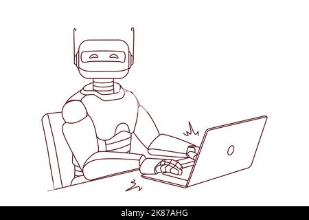 Robot working on computer in office. Modern humanoid typing on laptop. Artificial intelligence concept. Robotic assistant at workplace. Vector illustration.  Stock Vector