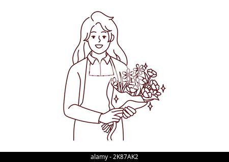 Portrait of smiling female florist in apron holding beautiful floral bouquet. Happy woman with flowers in hands working in botanical shop. Vector illustration.  Stock Vector