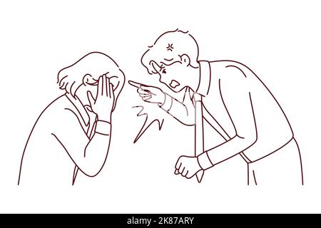 Furious businessman scolding stressed female employee at workplace. Angry male boss lecture scream at unhappy distressed woman worker. Vector illustration.  Stock Vector