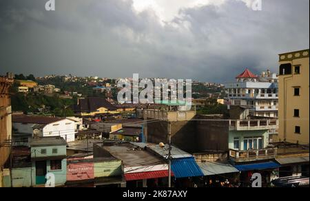 Aerial panoramic view to Fianarantsoa city at sunset in Madagascar Stock Photo