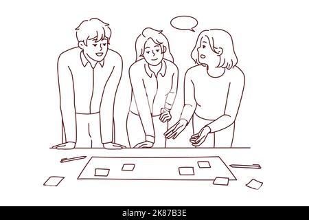 Businesspeople brainstorm at office meeting discuss business ideas with sticky notes together. Smiling employees or colleagues engaged in teamwork activity. Vector illustration.  Stock Vector