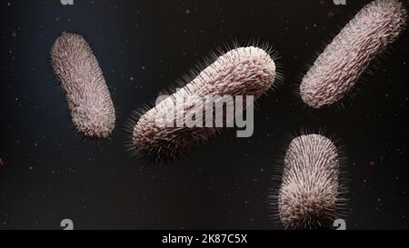 Peritrichous Bacteria with lot of flagellum, bacteria with long tails and thin villi moving in the black environment, viruses floating in the liquid Stock Photo