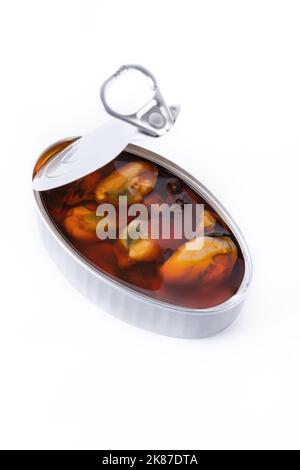 Can of mussels isolated on white background Stock Photo
