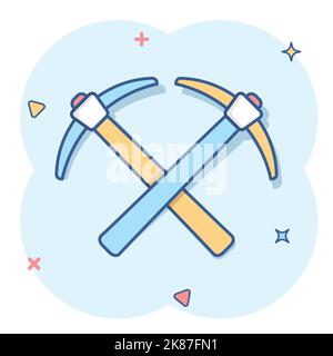 Axe icon in comic style. Lumberjack cartoon vector illustration on white isolated background. Blade splash effect business concept. Stock Vector