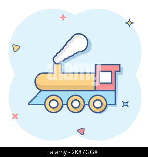 Metro icon in comic style. Steam train cartoon vector illustration on white isolated background. Railroad cargo splash effect business concept. Stock Vector