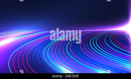 Abstract technology concept neon colors lines high speed light motion trails with lighting effect on dark blue background. Vector illustration Stock Vector