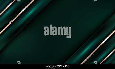Banner template abstract elegant 3D realistic green and gold stripes lines pattern elements with lighting effect on dark green background luxury style Stock Vector