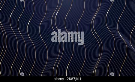 Abstract 3D dynamic wavy blue and gold vertical lines effect pattern on dark blue background luxury style. Vector illustration Stock Vector