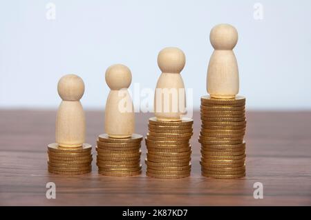 Wooden people figure on top of gold coins. Goal achievement, business growth and career progression. Stock Photo
