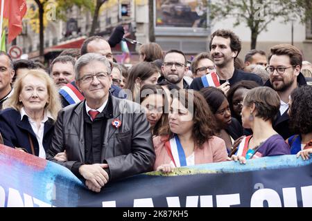 Paris, France. 16th Oct, 2022. Annie Ernaux and Jean-Luc Melenchon attends the demonstration for higher wages, retirement pensions, social minima Stock Photo
