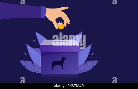 Donate Money For Dogs and Pets Concept Animation with copy space.. Helping Homeless Dog and man's hand Give dollar coin to participate in the good vol Stock Photo