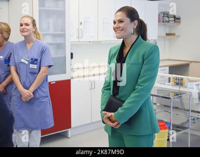 Huddinge, Sweden. 21st Oct, 2022. Crown Princess Victoria of Sweden visits The Tobias Registry at the Karolinska hospital in Huddinge. The Tobias Registry is the national Swedish register for blood stem cells and consists of a register of people in Sweden who are willing to donate blood stem cells.Stockholm, Sweden, October 21 2022. Photo: Anders Wiklund / TT / kod 10040 Credit: TT News Agency/Alamy Live News Stock Photo