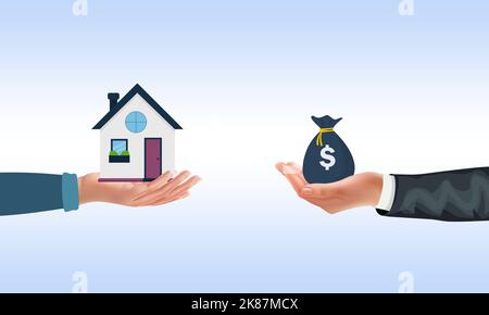 Hands Exchanging House and Money on white background. Buying a home illustration with business man selling the house Stock Photo