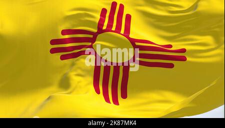 Flag of New Mexico state waving in the wind on a clear day. New Mexico is a federated state in the southwestern United States. Us state flag. 3D rende Stock Photo