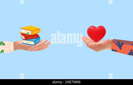 Hands Exchanging Books with Heart Love Illustration on Blue background. Give away a book for free and receive a lot of love and appreciation concept Stock Photo