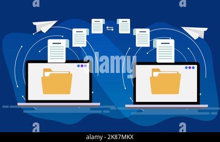 Transferring Files Between two laptop Design flat Animation. Send Receive Data with modern computers. Digital Information and data Exchange Concept wi Stock Photo