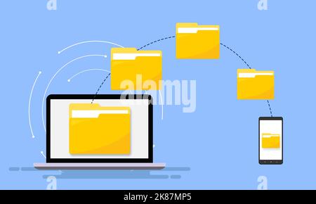 Transfer Files From Computer to Mobile Phone. Digital Folders Transfer From Modern Laptop To Smartphone. Design illustration Stock Photo