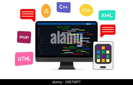 Programming Code on Laptop Screen Design illustration. Website Development and Coding Software Interface on Modern PC Stock Photo