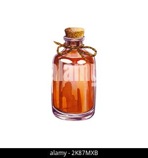 Vintage glass bottle with cosmetic or medicinal liquid. Watercolor illustration. Isolate on a white background. For cosmitology and pharmaceuticals. d Stock Photo