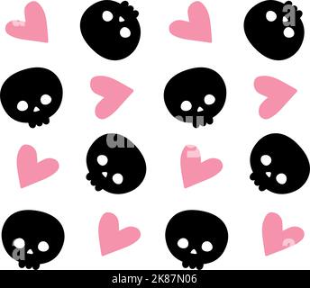 Vector seamless pattern of hand drawn flat skull and hearts isolated on white background Stock Vector