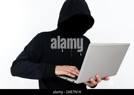 Man Standing With Laptop Presenting Cyber Security. Businessman Thinking Deeply For Information Technology Defence. Guy Brain Storming Brilliant Stock Photo