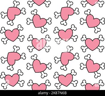 Vector seamless pattern of flat heart with crossed bones isolated on white background Stock Vector