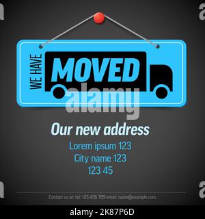 We are moving from one address to another address - minimalistic we have moved flyer template with blue notice and place for new company office shop l Stock Vector