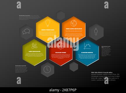 Vector dark Minimalist colorful Infographic report template with color hexagons containing some data information, icons and descriptions. Additional t Stock Vector
