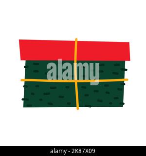 Cartoon Christmas gift. Green color simple present isolated on white background. New Year, Valentines Day, Birthday greeting card. Decorated wrapped b Stock Vector