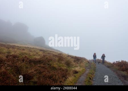 Two women walking their dogs on a new cinder path next to the Cow and Calf Rocks on a foggy day, West Yorkshire, England, UK Stock Photo