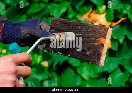 Wood treatment with gas burner fire. DIY process Stock Photo