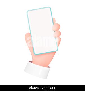 3D Hand Holding Smartphone Isolated on White Background. Cartoon Device Mockup. Man Holding Telephone with Blank Screen. Realistic Vector Illustration Stock Vector
