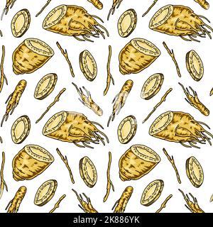 Colorful Hand drawn ginseng seamless pattern. Vector illustration in sketch style. Medicinal plant background. Botany design Stock Vector