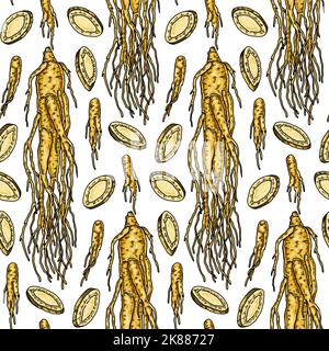 Colorful Hand drawn ginseng seamless pattern. Vector illustration in sketch style. Medicinal plant background. Botany design Stock Vector