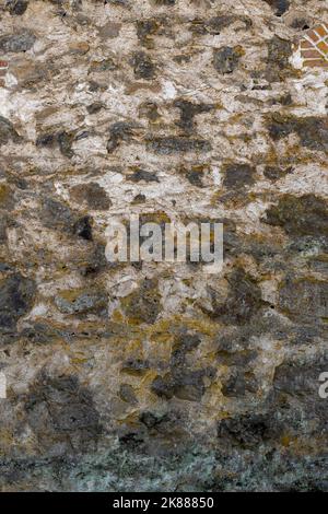Rock cement wall in the colors white, grey and yellow lichen with a hint of green or blue at the base, rough, background and backdrop Stock Photo