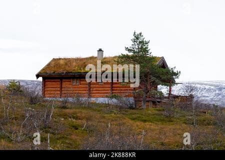 A red traditional turf roof house with a snow mountain in the background in Norway. Stock Photo