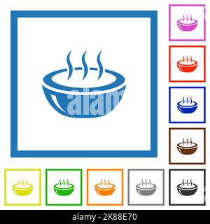 Glossy steaming bowl flat color icons in square frames on white background Stock Vector
