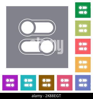 Horizontal toggle switches alternate flat color icons in square frames ...