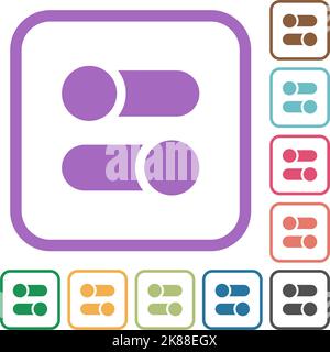 Horizontal toggle switches solid simple icons in color rounded square frames on white background Stock Vector